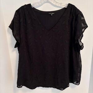 Papermoon Women's Short Sleeve Sheer Overlay Leaf Design Top Black Size XLP